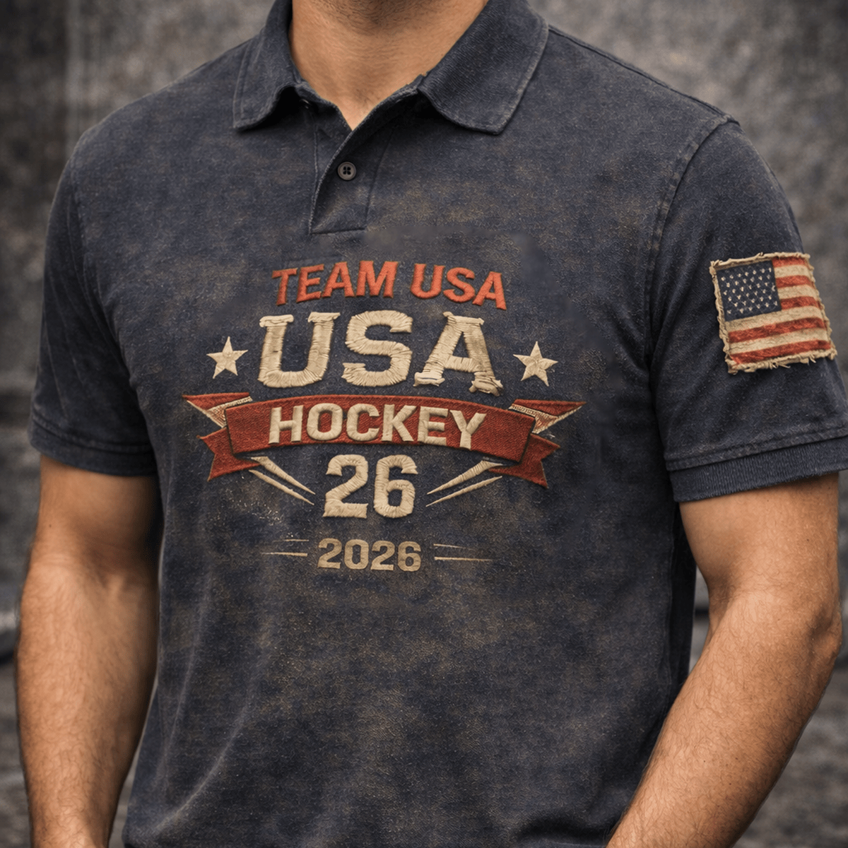 Team USA Hockey 26 2026 Printed Polo Shirt, Team USA Hockey Fan Polo, Patriotic USA Hockey Gift Shirt, Vintage Distressed Printed USA Hockey Polo