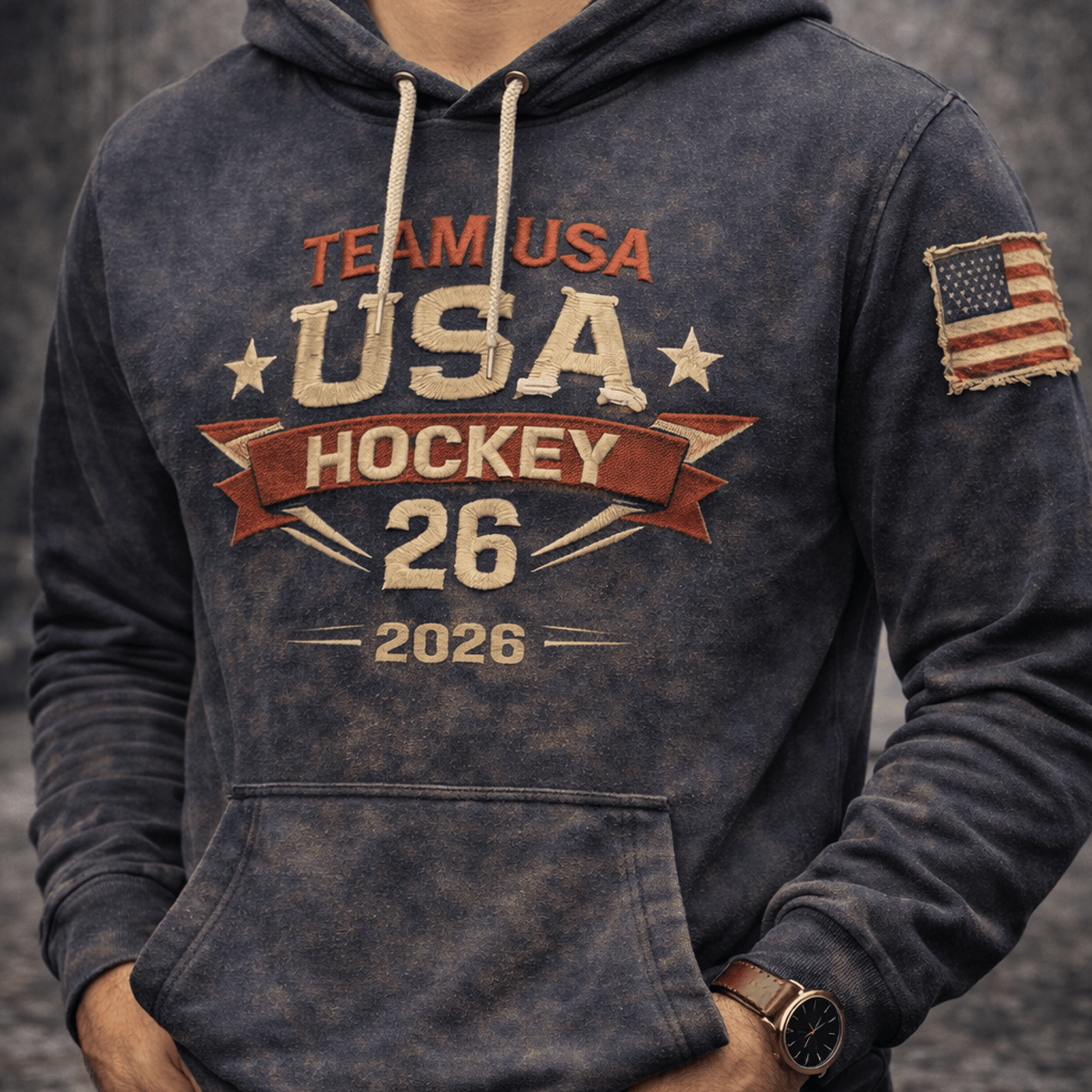 Team USA Hockey 26 2026 Printed Hoodie, Team USA Hockey Fan Hoodie, Patriotic USA Hockey Gift, Vintage Distressed USA Hockey Printed Hoodie