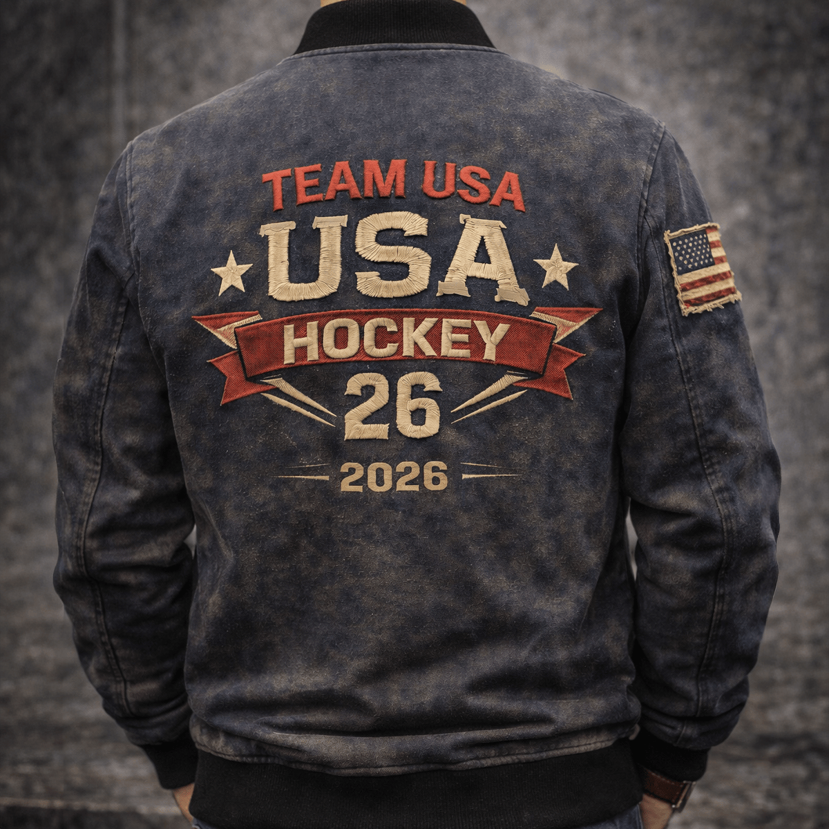 Team USA Hockey 26 2026 Printed Bomber Jacket, Team USA Hockey Fan Jacket, Patriotic USA Hockey Gift, Vintage Distressed Printed Jacket