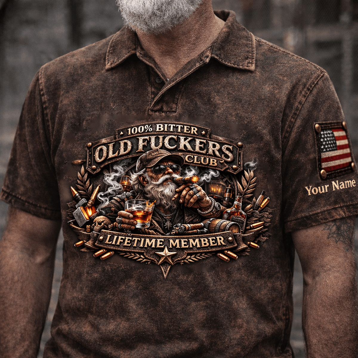 Old Fuckers Club Lifetime Member Custom Name Printed Polo Shirt, Funny Grandpa Whiskey Cigar Polo, Personalized Patriotic Polo