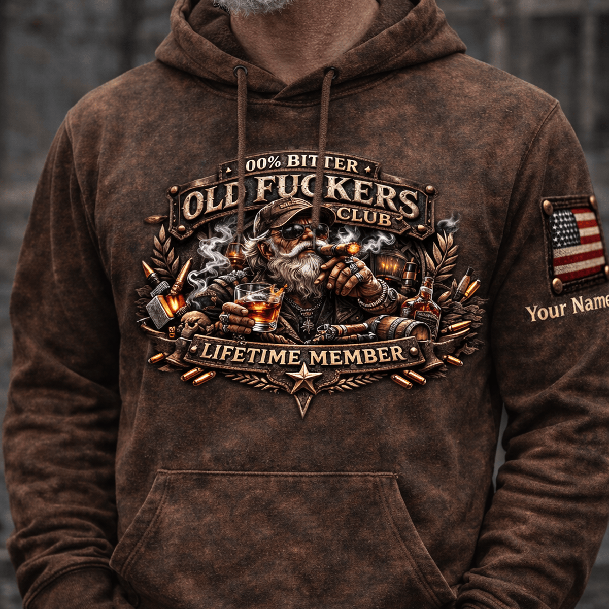 Old Fuckers Club Lifetime Member Custom Name Printed Hoodie, Funny Grandpa Whiskey Cigar Hoodie, Personalized Patriotic Hoodie