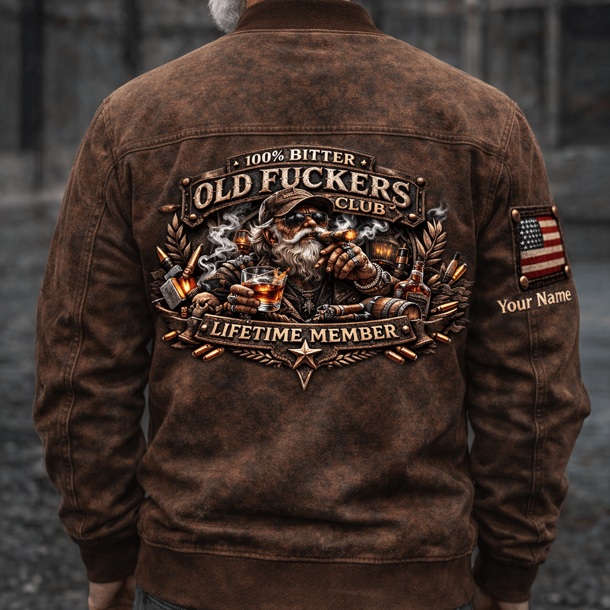Old Fuckers Club Lifetime Member Custom Name Printed Bomber Jacket, Funny Grandpa Whiskey Cigar Jacket, Personalized Patriotic Jacket Gift