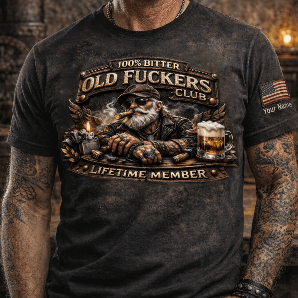 Old Fuckers Club Lifetime Member Custom Name Printed T Shirt, Funny Grandpa Biker Tee, Cigar Beer Graphic Shirt, Personalized Old Man Gift