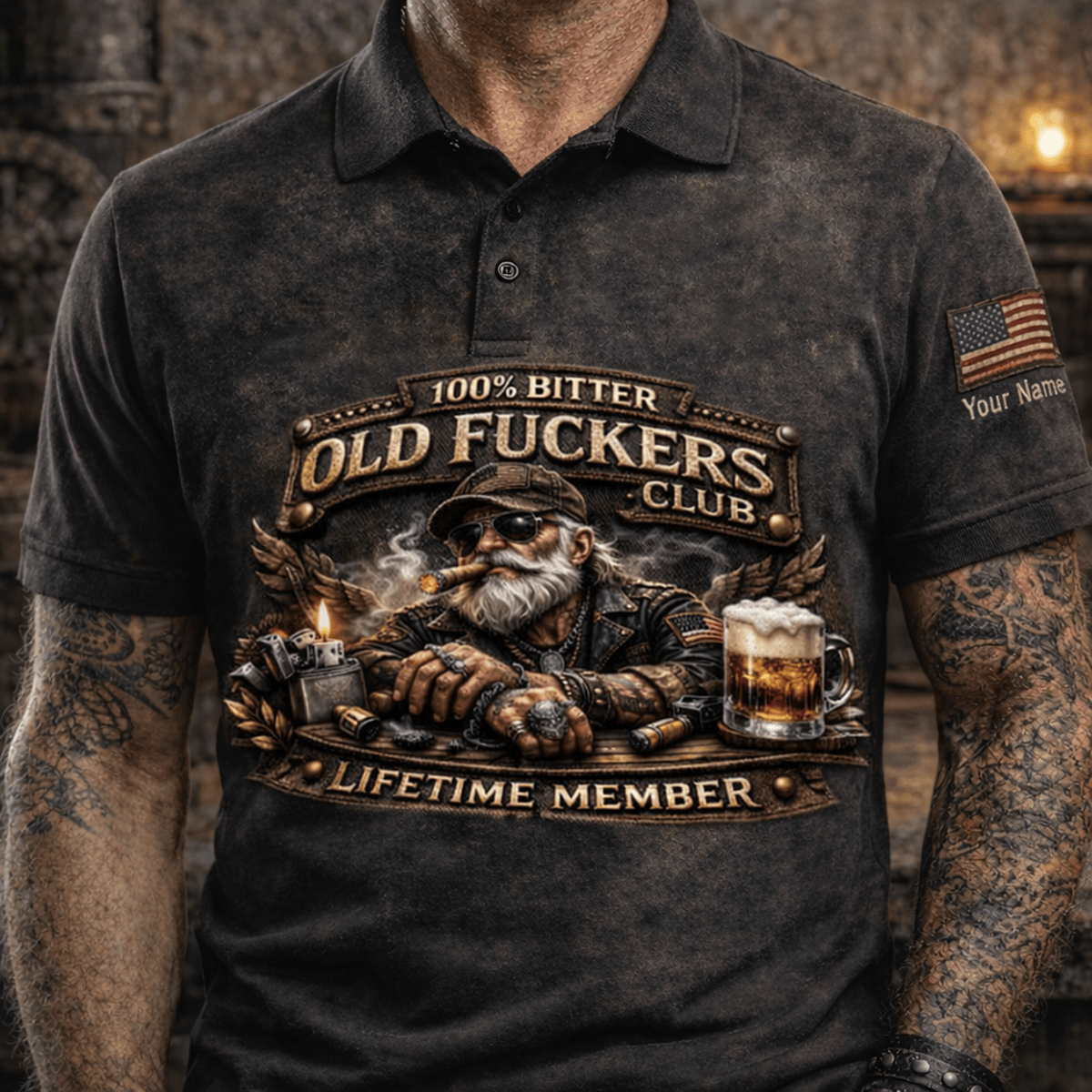 Old Fuckers Club Lifetime Member Custom Name Printed Polo Shirt, Funny Grandpa Biker Polo, Cigar Beer Graphic Shirt, Personalized Old Man Gift