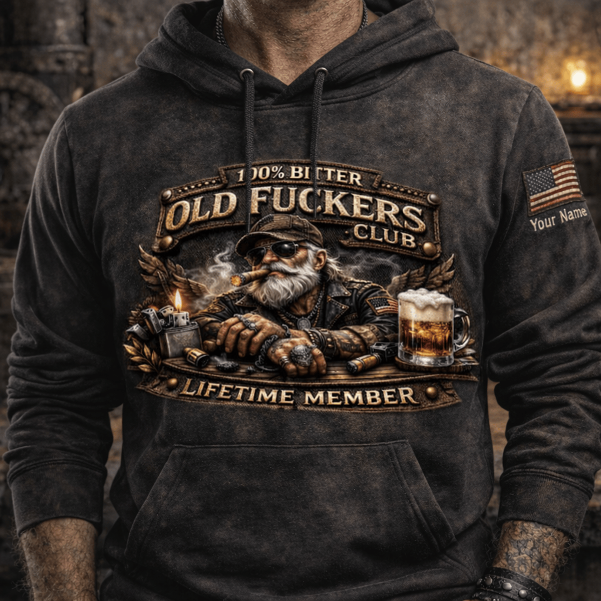 Old Fuckers Club Lifetime Member Custom Name Printed Hoodie, Funny Grandpa Biker Hoodie, Cigar Beer Graphic Hoodie, Personalized Old Man Gift