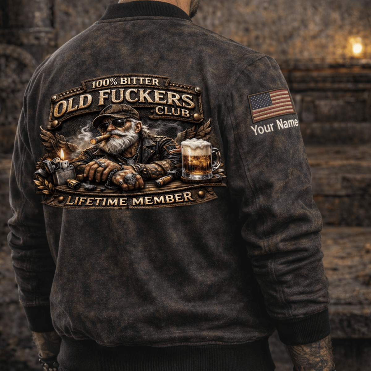 Old Fuckers Club Lifetime Member Custom Name Printed Bomber Jacket, Funny Grandpa Biker Jacket, Cigar Beer Graphic Jacket