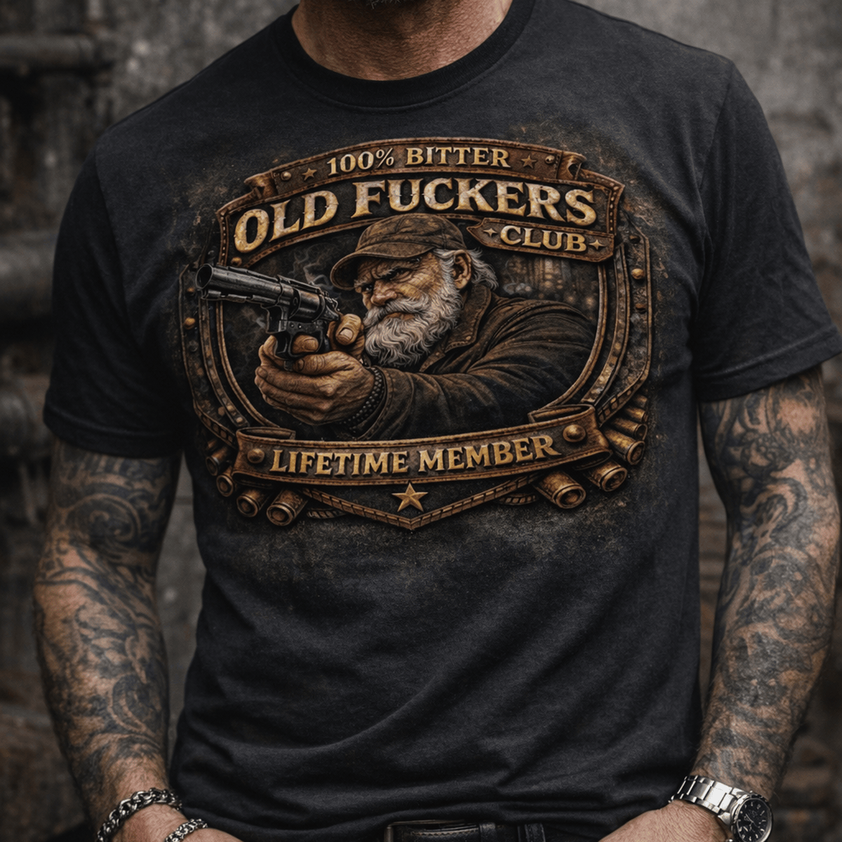 Old Fuckers Club Lifetime Member Printed T Shirt, Funny Biker Grandpa Gun Graphic Tee, Vintage Old Man Shirt
