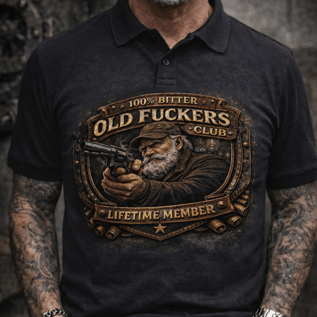 Old Fuckers Club Lifetime Member Printed Polo Shirt, Funny Biker Grandpa Gun Graphic Polo, Vintage Old Man Polo