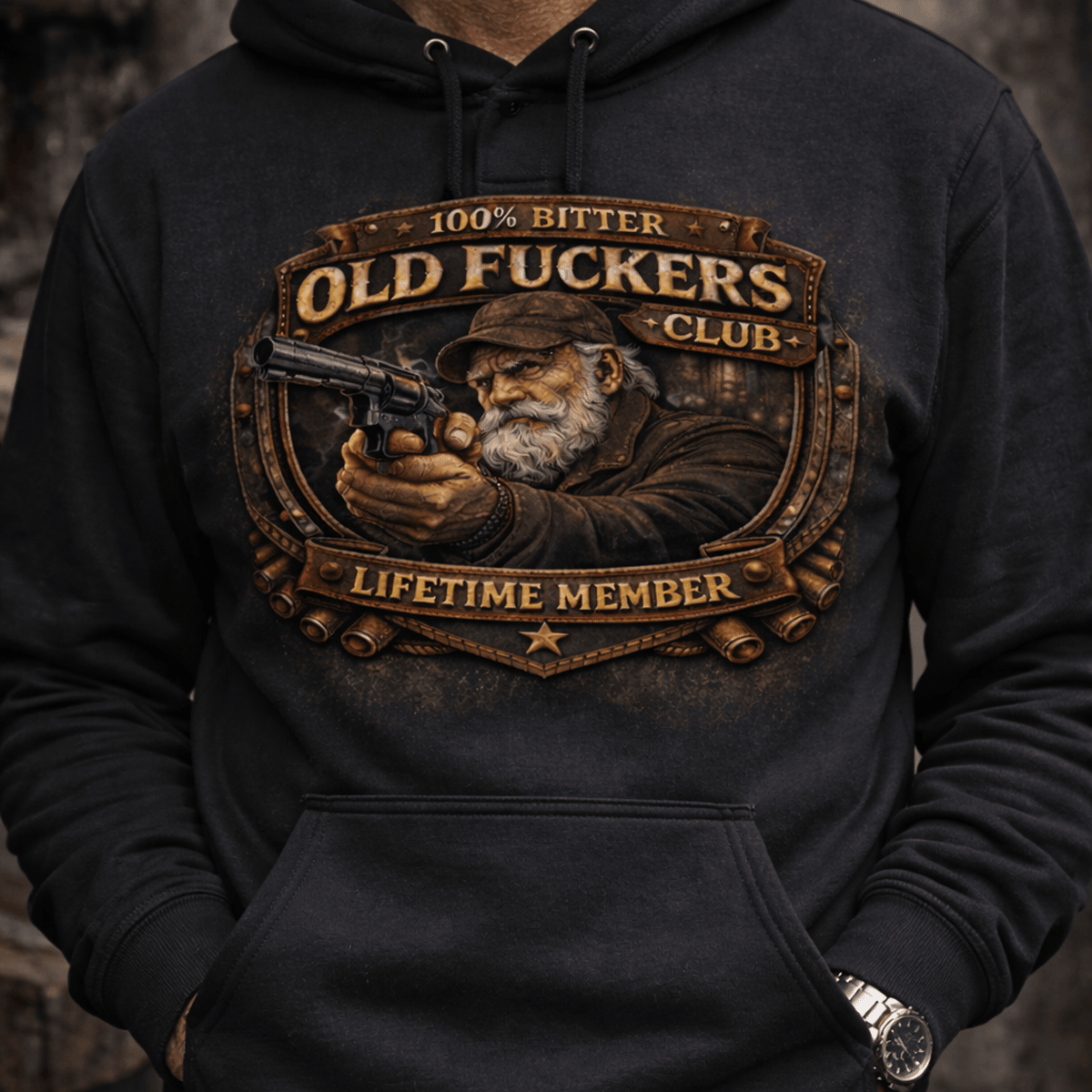 Old Fuckers Club Lifetime Member Printed Hoodie, Funny Biker Grandpa Gun Graphic Hoodie, Vintage Old Man Hoodie