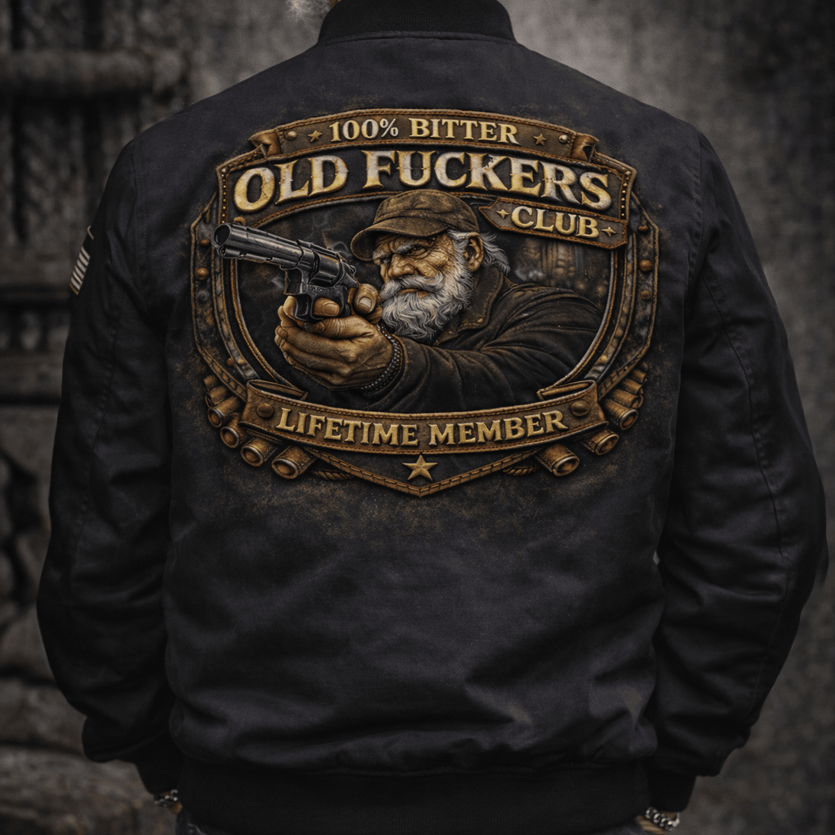 Old Fuckers Club Lifetime Member Printed Bomber Jacket, Funny Biker Grandpa Gun Graphic Jacket, Vintage Old Man Jacket