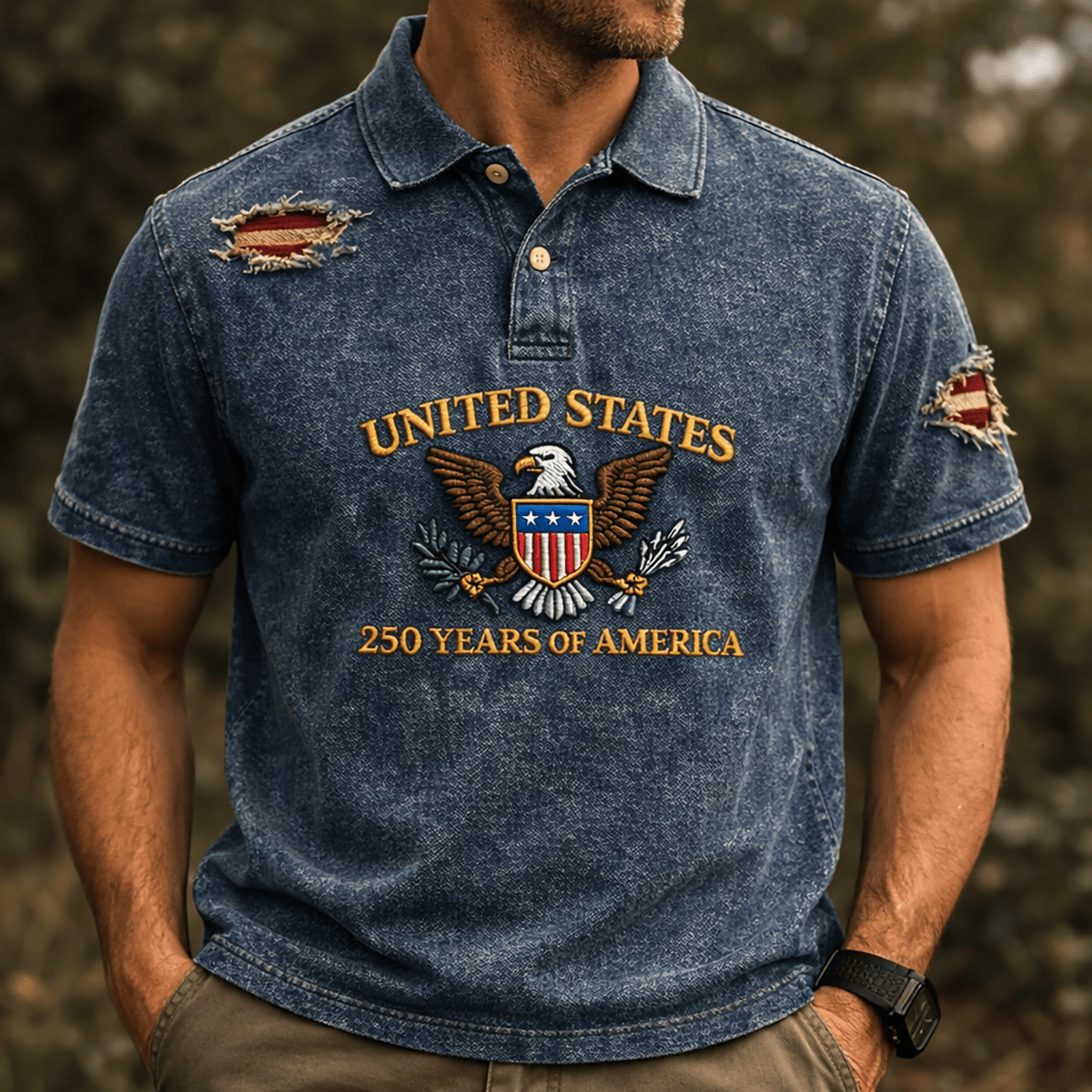 United States 250 Years of America Printed Polo Shirt, Patriotic USA Eagle Polo, Vintage Distressed Printed American Pride Polo Shirt, USA Gift