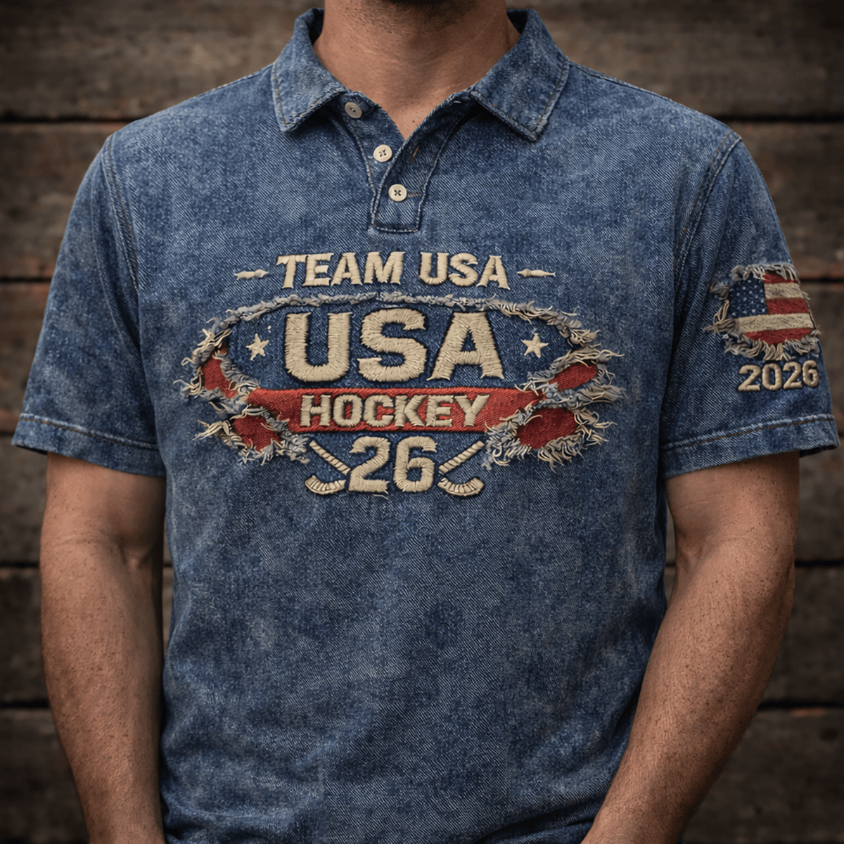 Team USA Hockey 2026 Printed Polo Shirt, USA Hockey Fan Polo, Patriotic USA Hockey Polo Shirt, Vintage Distressed Printed USA Sports Gift