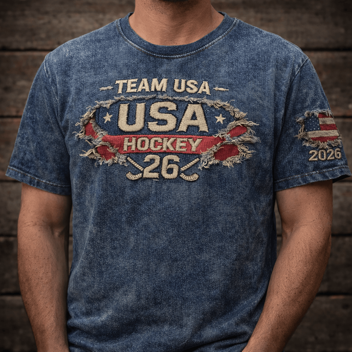 Team USA Hockey 2026 Printed T-Shirt, USA Hockey Fan Shirt, Patriotic USA Hockey Tee, Vintage Distressed Printed USA Sports Shirt Gift