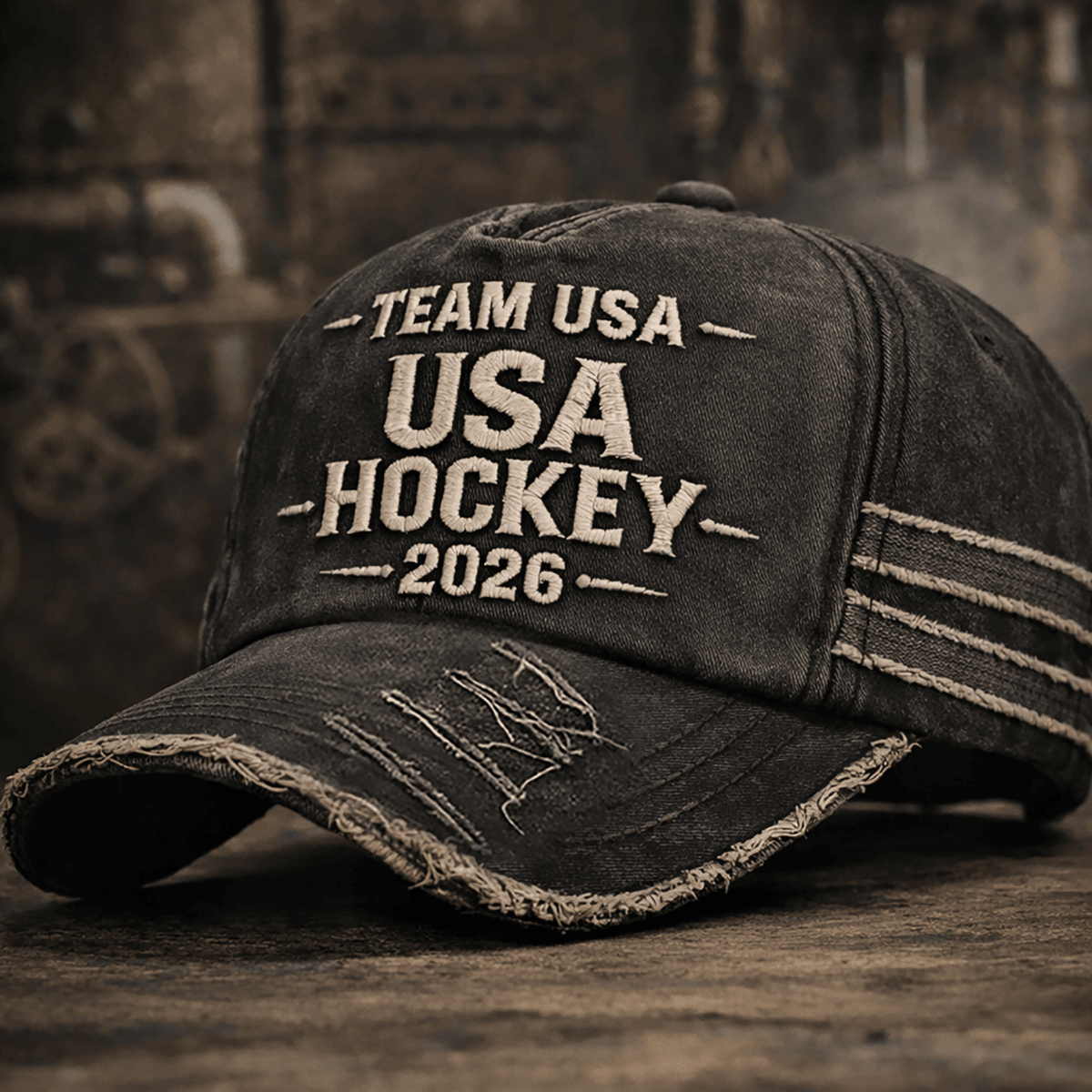 Team USA Hockey 2026 Printed Cap, USA Hockey Fan Hat, Vintage Distressed Printed Cap, Patriotic USA Hockey Hat, USA Sports Gift