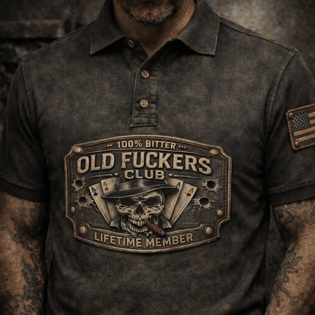 Old Fckers Club Printed Polo Shirt, Vintage Skull Poker Polo, Biker Style Distressed Polo Shirt, Lifetime Member Skull Polo, Funny Adult Biker Gift