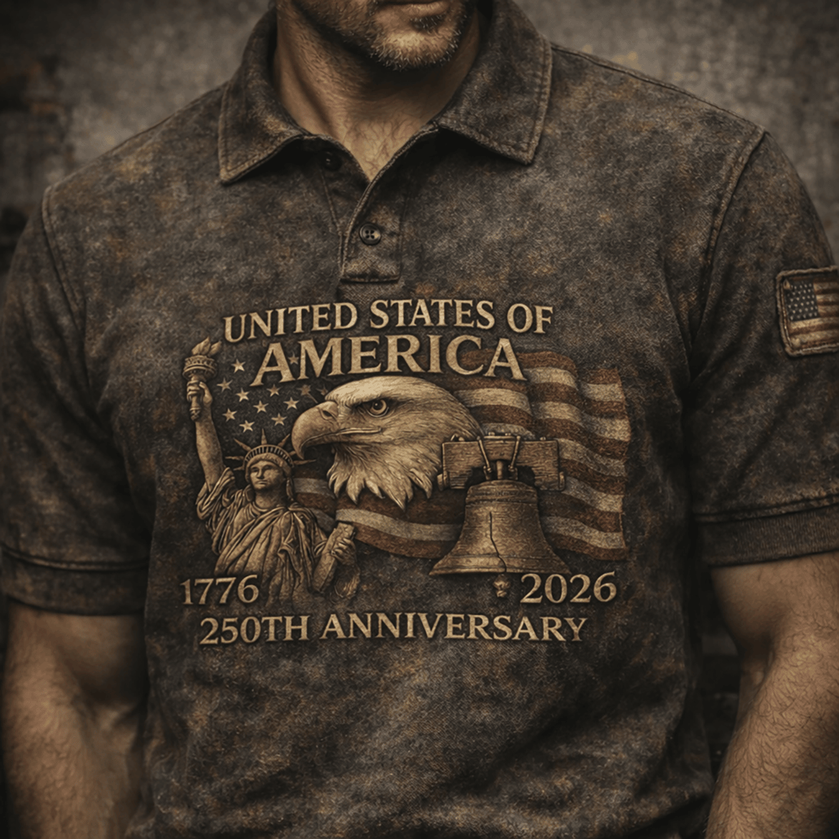United States of America 250th Anniversary Printed Polo Shirt, 1776-2026 Patriotic USA Eagle Polo, Vintage Distressed America Polo