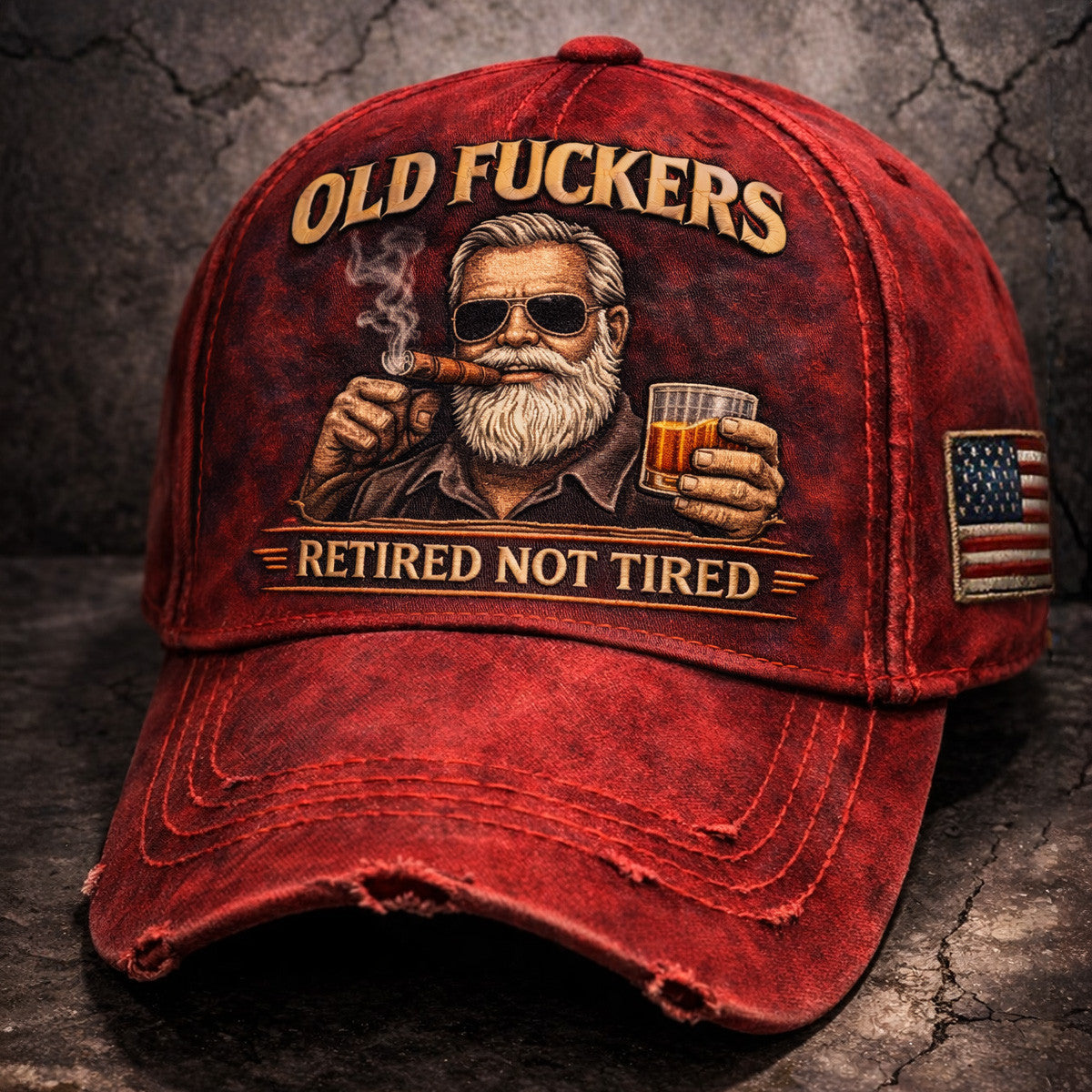Old Fuckers Retired Not Tired Printed Cap, Funny Retirement Hat, Vintage Distressed Red Dad Cap, Retired Old Man Gift