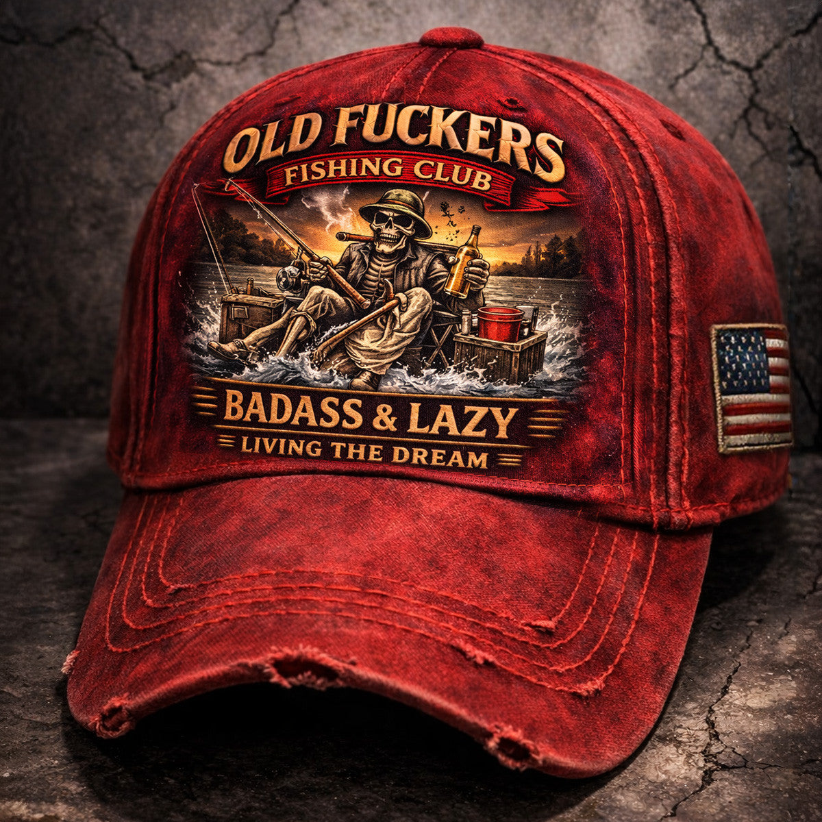 Old Fuckers Fishing Club Badass And Lazy Printed Cap, Funny Fishing Skull Hat, Vintage Distressed Red Dad Cap