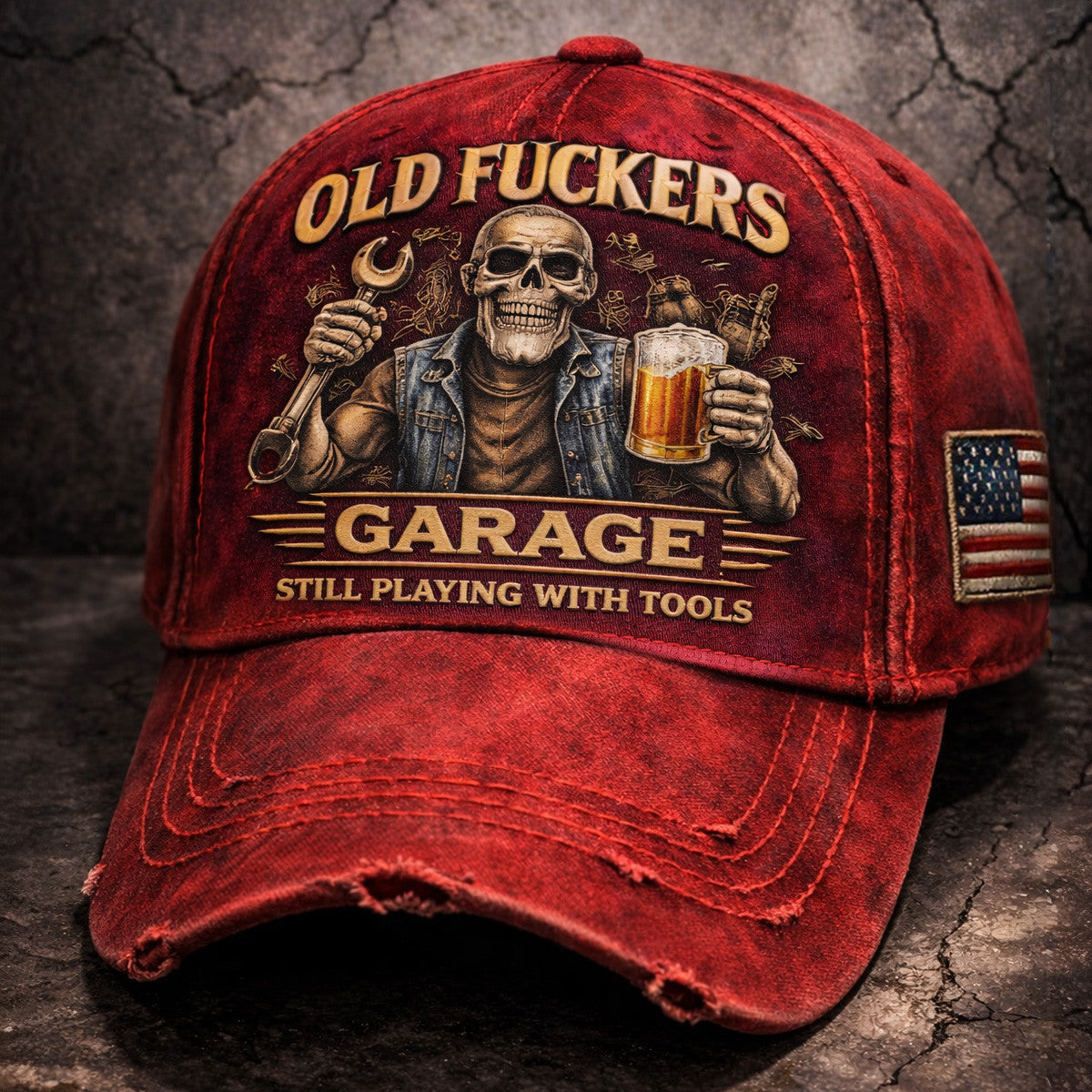 Old Fuckers Garage Still Playing With Tools Printed Cap, Funny Mechanic Skull Hat, Vintage Distressed Red Dad Cap