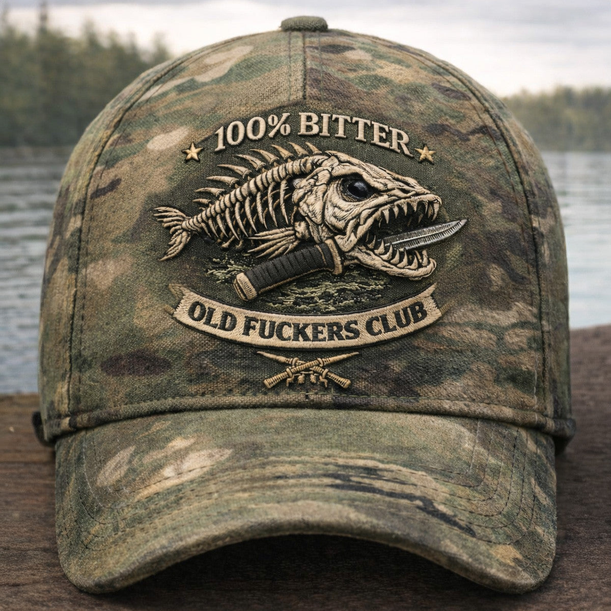 Bitter Old Fuckers Club Printed Cap, Fishing Skull Camo Hat, Funny Fisherman Gift, Vintage Fishing Dad Cap
