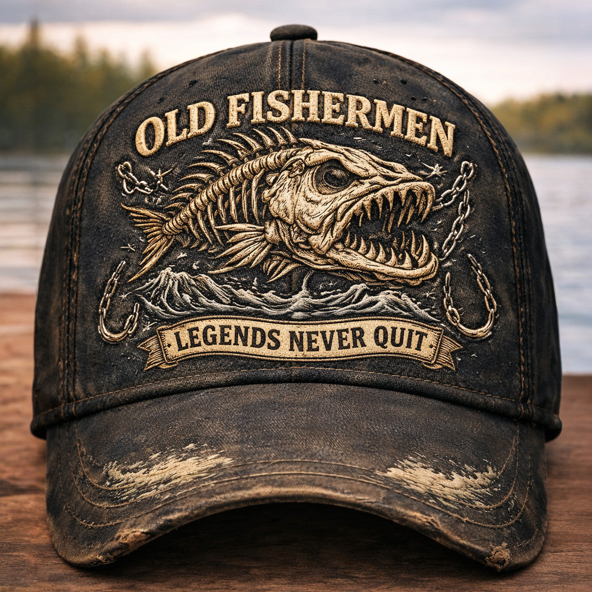 Old Fishermen Legends Never Quit Printed Cap, Vintage Fishing Skull Hat, Fisherman Gift, Distressed Angler Dad Cap