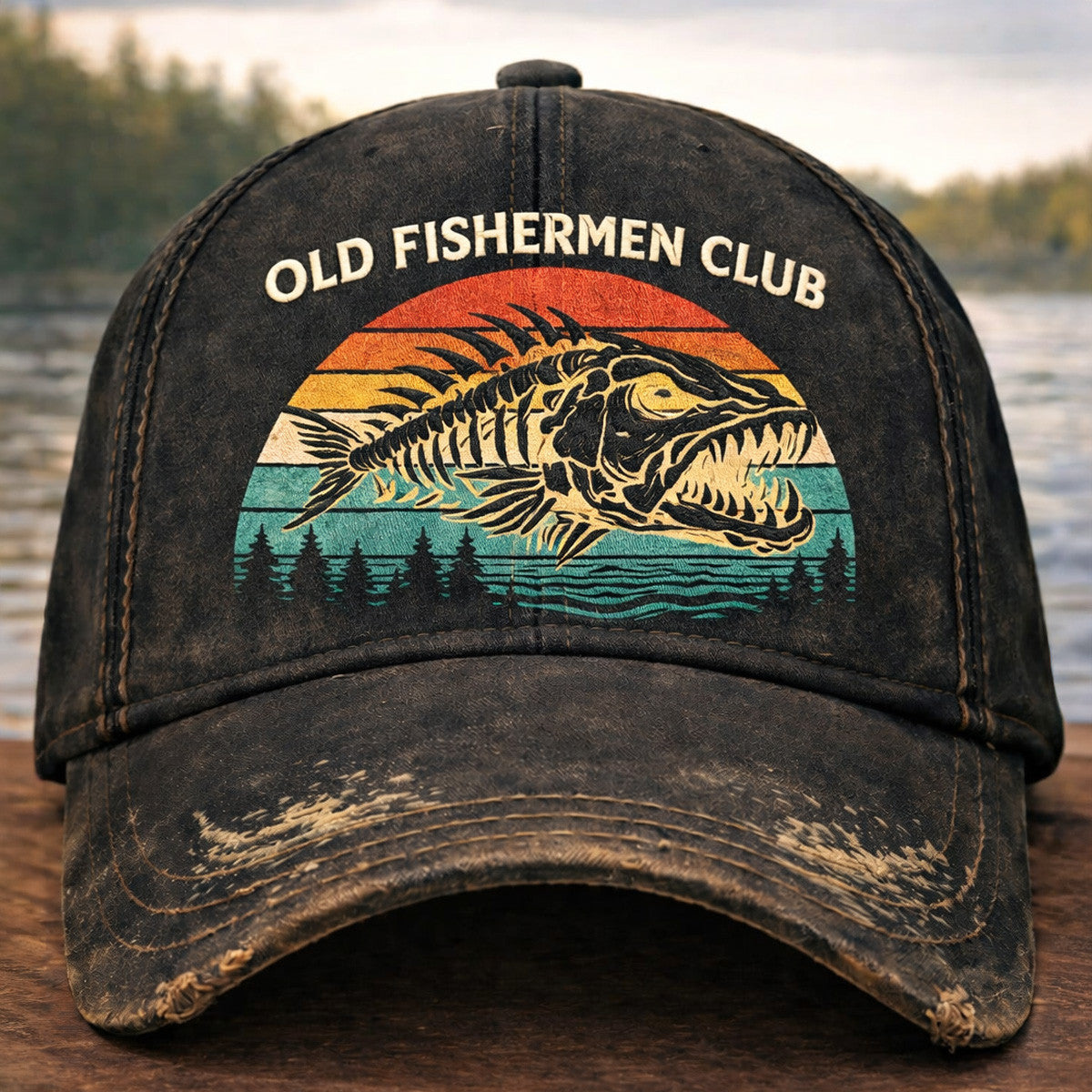 Old Fishermen Club Vintage Sunset Printed Cap, Retro Fishing Skull Hat, Fisherman Gift, Vintage Angler Dad Cap