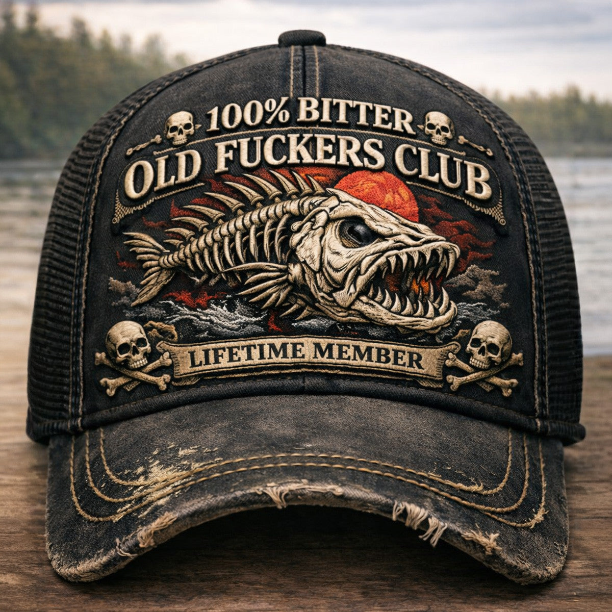 Old Fckers Club Fish Skeleton Printed Trucker Cap, Funny Fishing Hat for Men, Lifetime Member Fisherman Gift, Fathers Day Cap