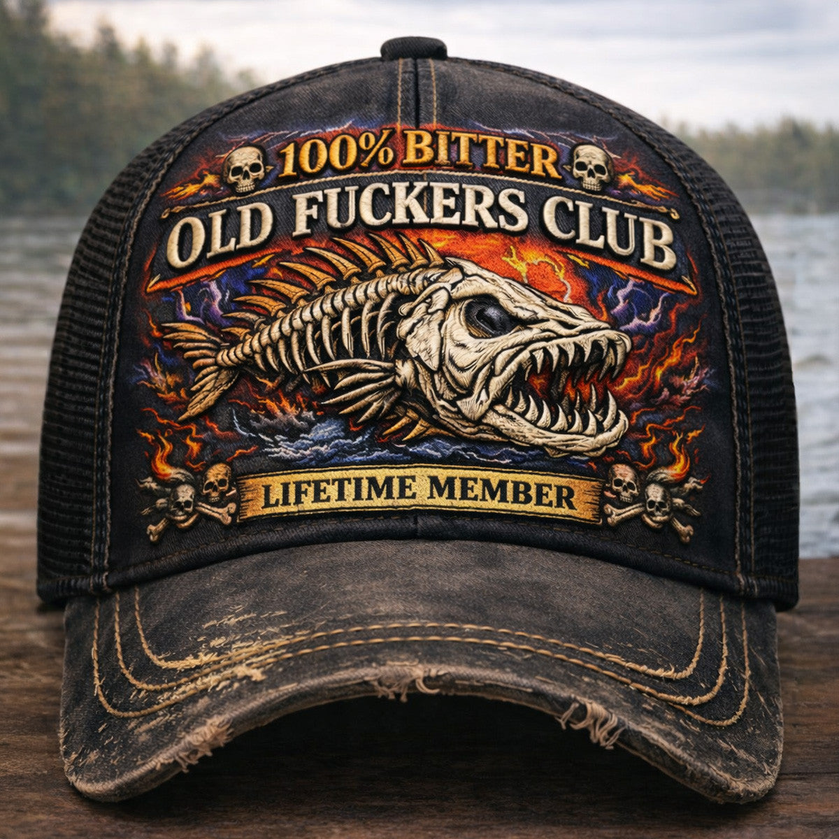 Old Fckers Club Flaming Fish Skull Printed Trucker Cap, Funny Fishing Hat for Fishermen, Fathers Day Gift Ideas