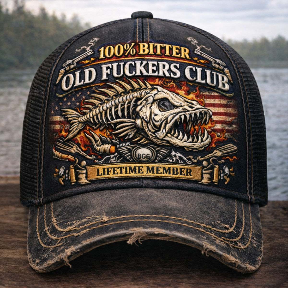 Old Fckers Club Fish Skull USA Flag Printed Trucker Cap, Patriotic Fishing Hat for Men, Lifetime Member Fisherman Gift Cap, Fathers Day Gift Ideas