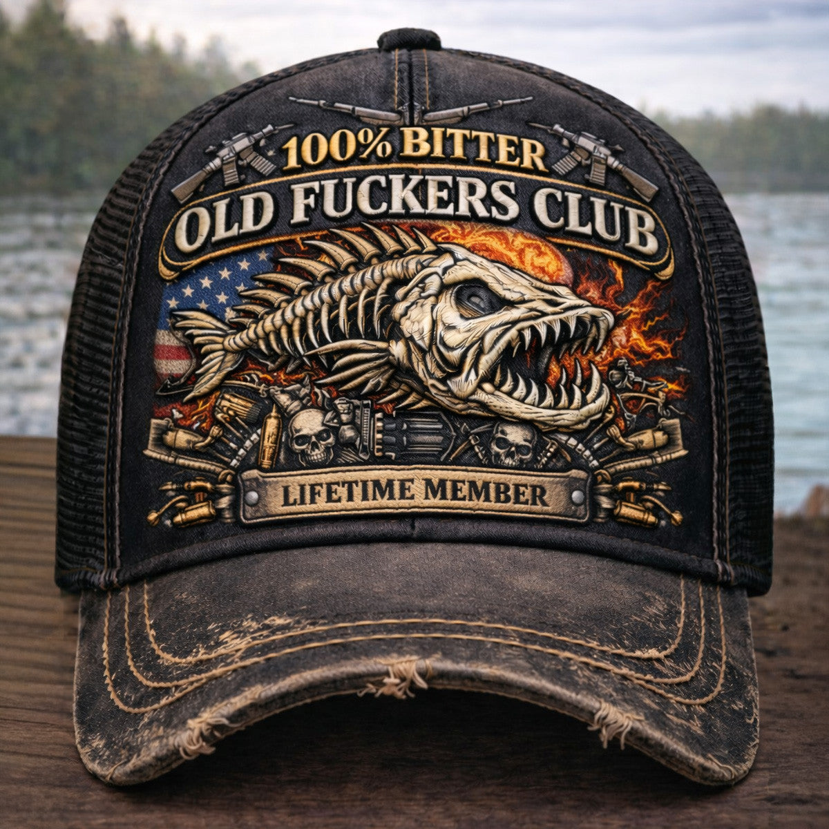 Old Fckers Club Tactical Fish Skull Printed Trucker Cap, Fathers Day Gift Ideas, Lifetime Member Funny Fishing Gift