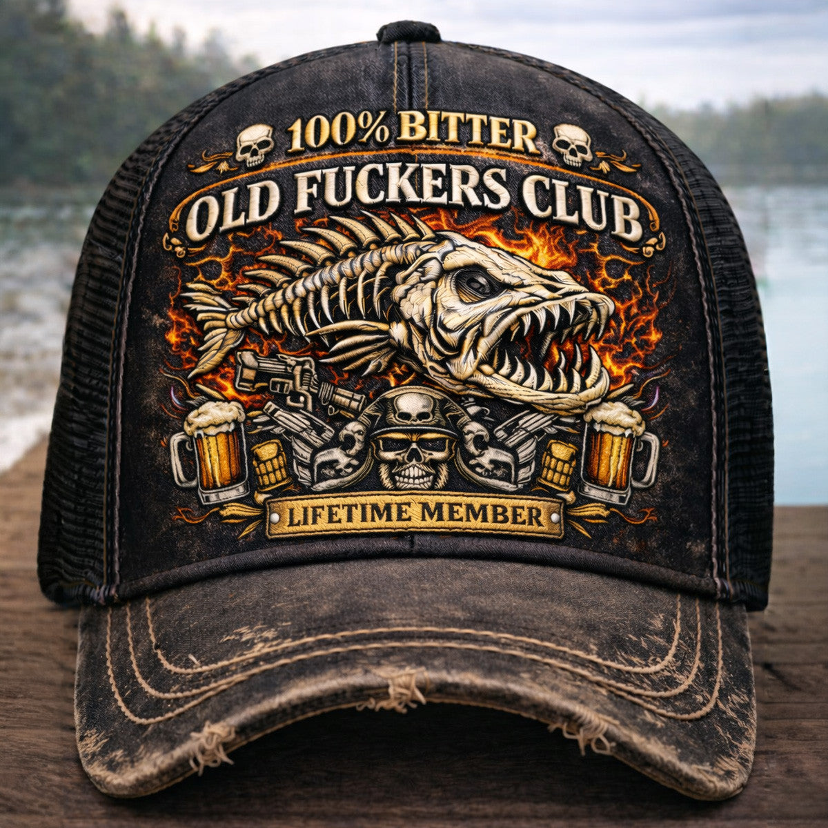 Old Fckers Club Fish Skull Beer Printed Trucker Cap, Fathers Day Gift Ideas, Lifetime Member Vintage Fishing Gift Cap