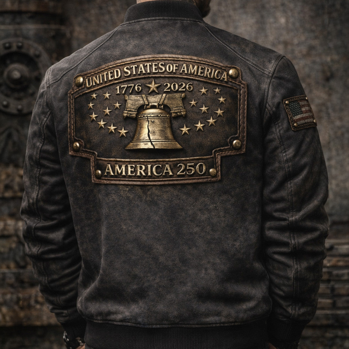 America 250 Patriotic Printed Bomber Jacket, United States of America 1776-2026 Liberty Bell Biker Jacket, Patriotic Gift For Father's Day