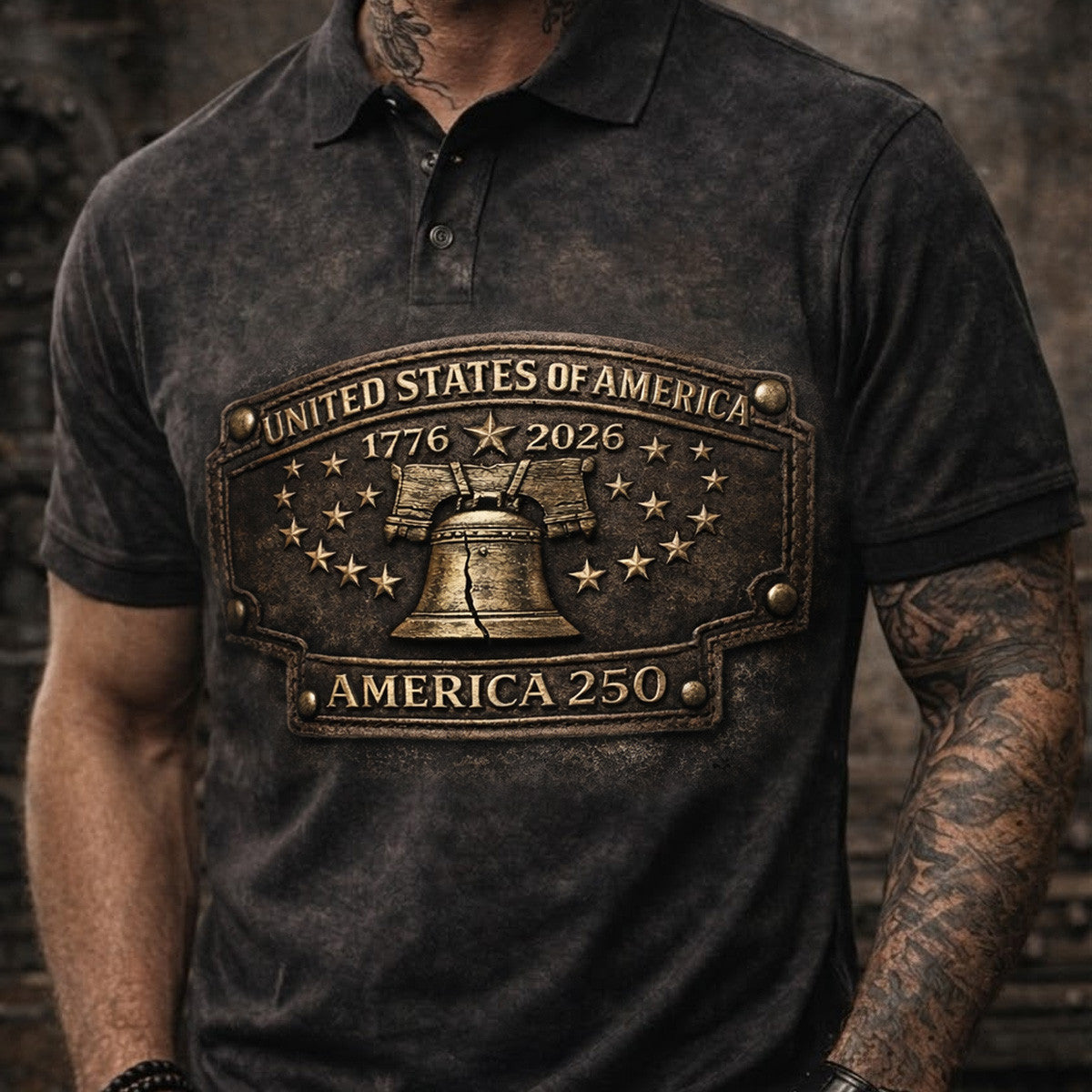 America 250 Patriotic Printed Polo Shirt, United States of America 1776-2026 Liberty Bell Polo, 4th of July Patriotic Gift for Dad Veteran