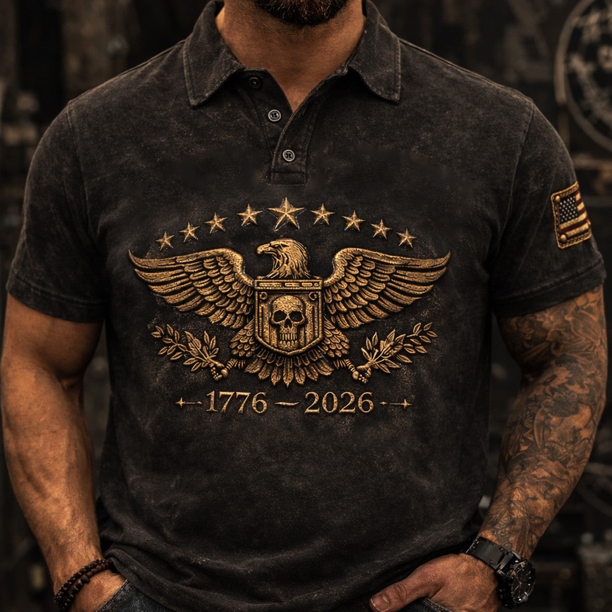 America 250 Patriotic Eagle Printed Polo Shirt, 1776-2026 USA Anniversary Patriotic Polo, American Flag Shirt, Veteran Fathers Day Gift