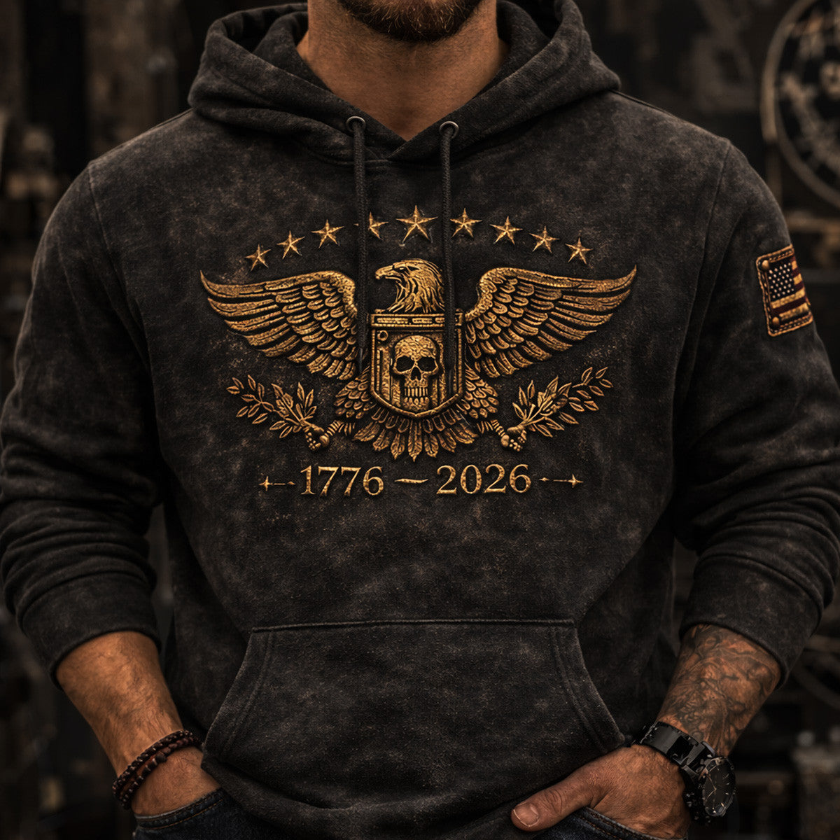 America 250 Patriotic Eagle Printed Hoodie, 1776-2026 USA Anniversary, Vintage American Flag Patriotic Hoodie, 4th of July Gift for Dad