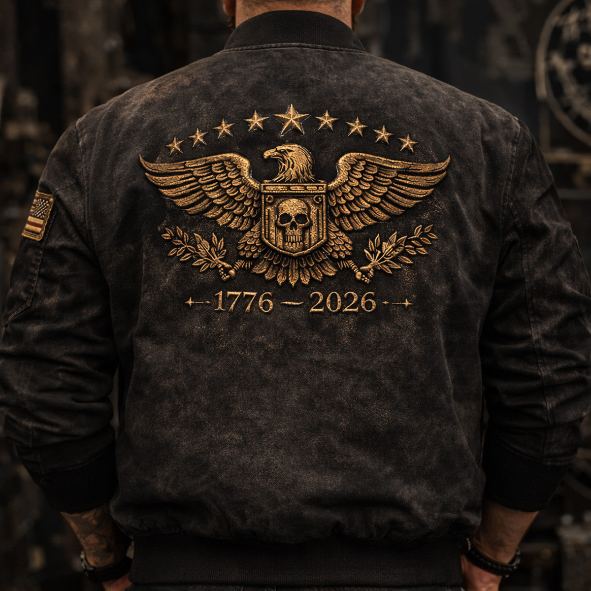 America 250 Patriotic Eagle Printed Bomber Jacket, 1776-2026 USA Anniversary Vintage Biker Jacket, Veteran Gift For Father's Day
