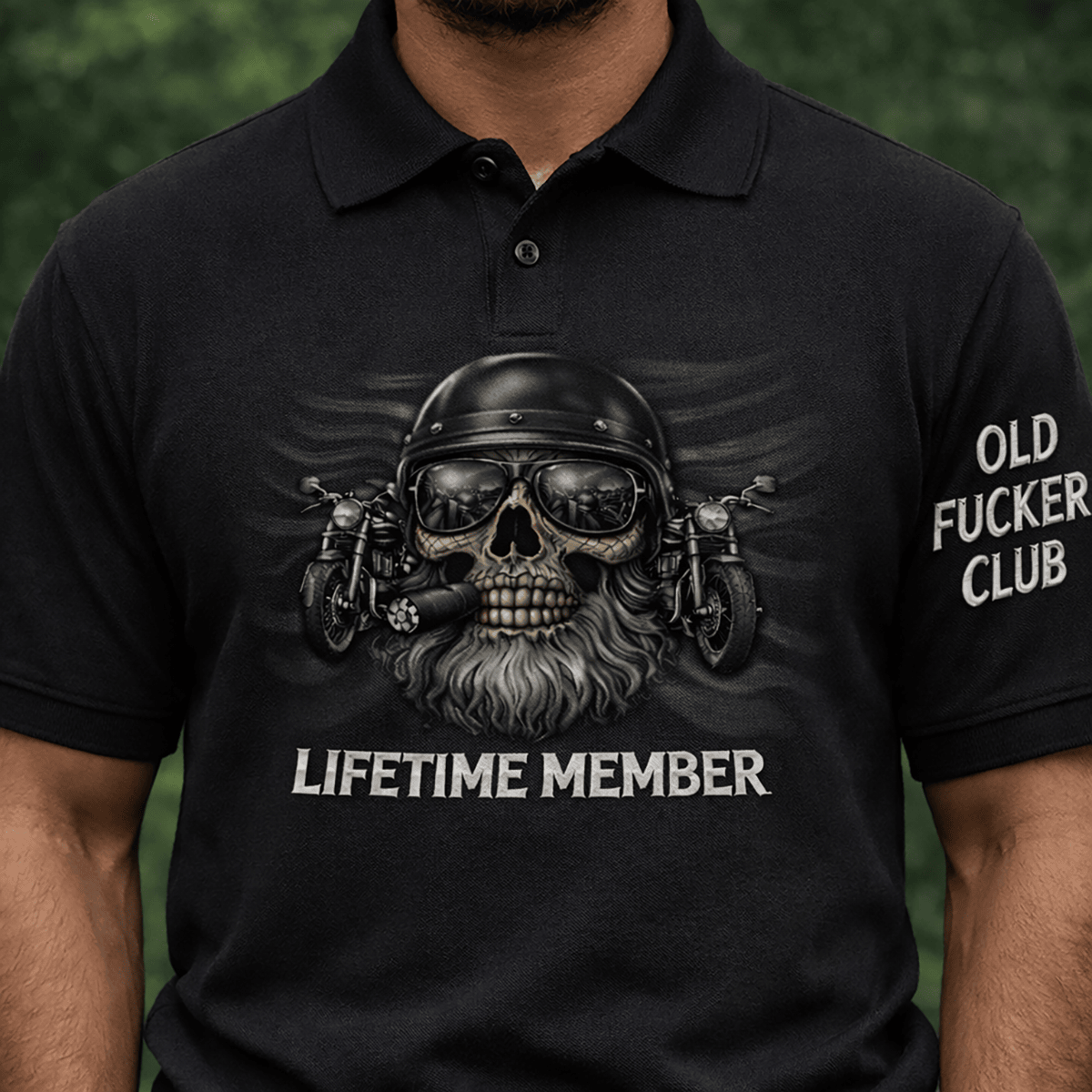Old Fucker Club Lifetime Member Printed Biker Skull Polo Shirt, Motorcycle Rider Print Polo, Funny Biker Dad Polo, Father’s Day Gift for Biker Dad