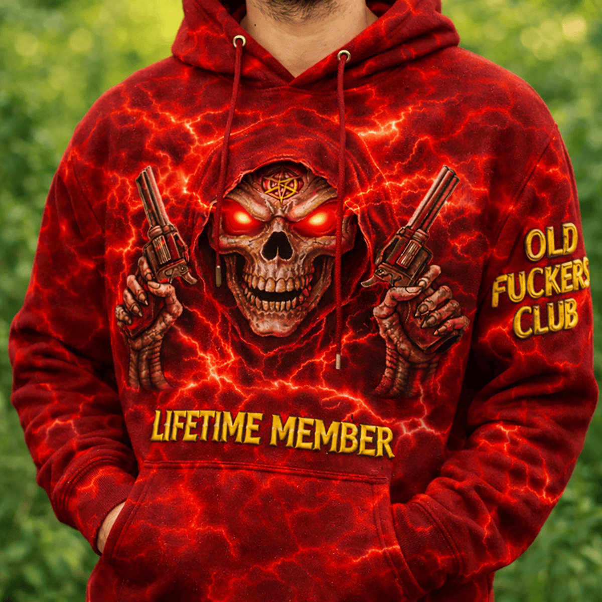 Old Fuckers Club Lifetime Member Skull Printed Hoodie, Funny Biker Dad Hoodie Print, Badass Skull Hoodie, Father’s Day Gift for Dad