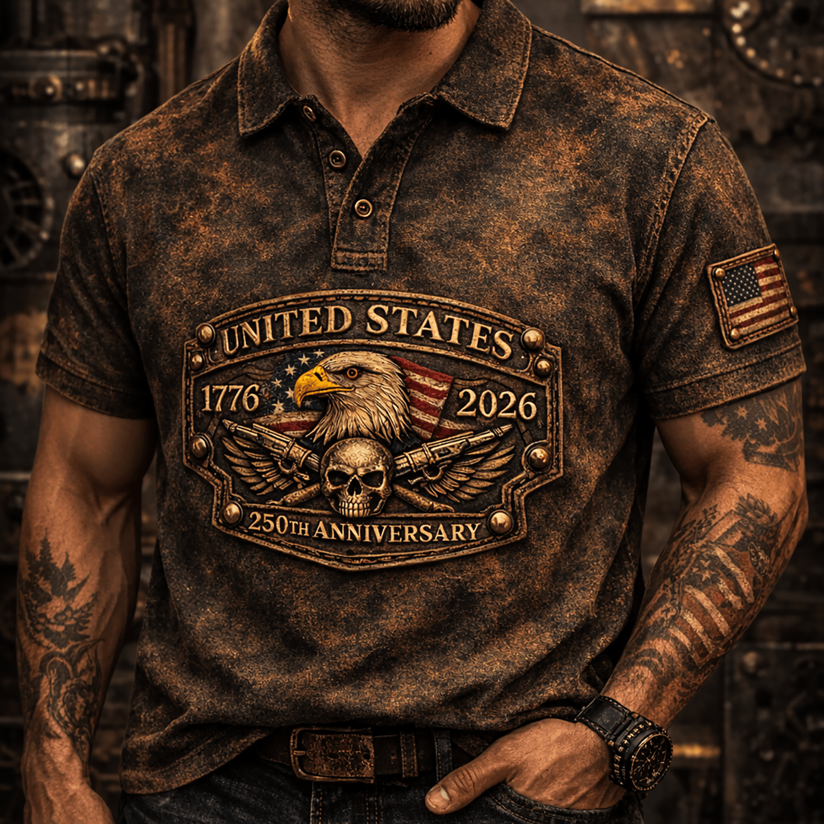 United States 1776–2026 250th Anniversary Eagle Skull Printed Polo Shirt, Patriotic American Freedom Polo Print, Veteran Dad Gift, Father’s Day Shirt