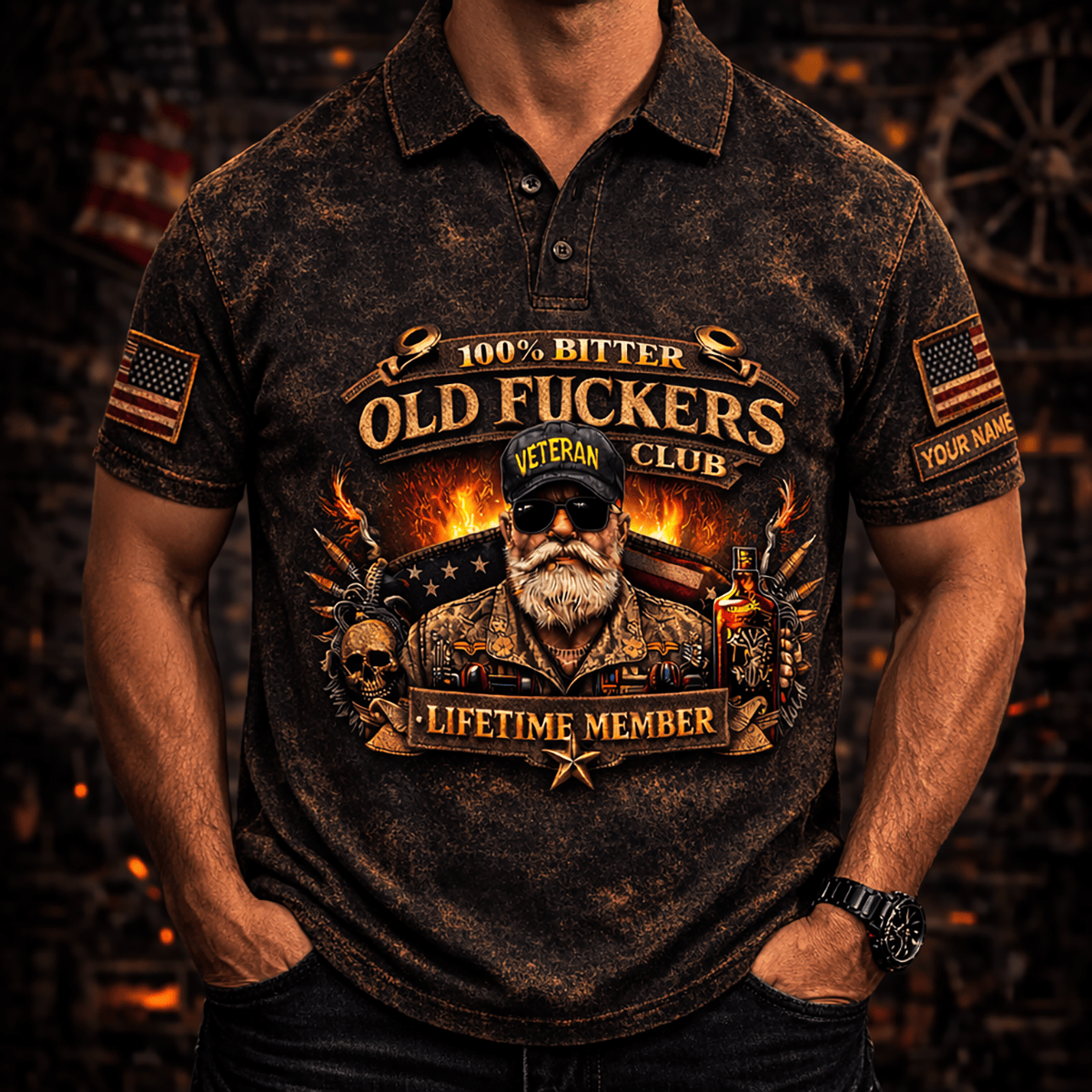 Bitter Old Fuckers Club Veteran Lifetime Member Custom Name Printed Polo Shirt, Funny Veteran Dad Polo Print, Military Dad Gift, Father’s Day Shirt