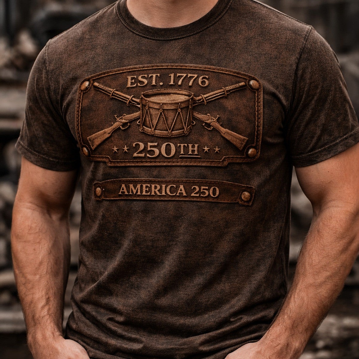 America 250 EST 1776 250th Anniversary Drum Printed T-Shirt, Patriotic USA 250 Tee Print, Independence Day Shirt, Father’s Day Gift for Dad
