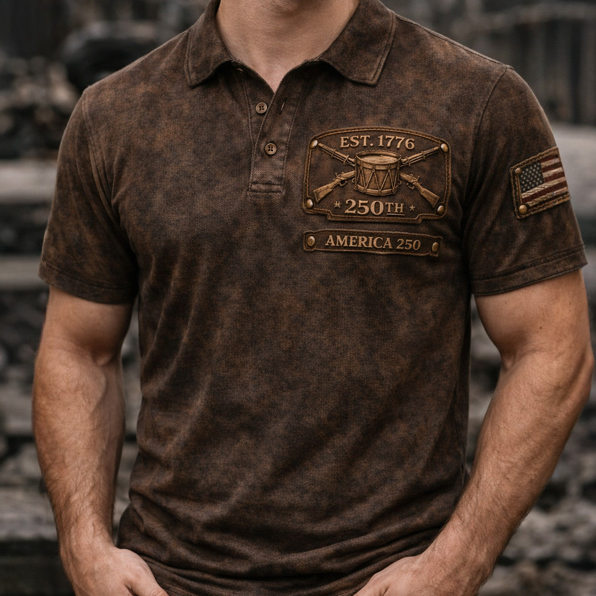 America 250 EST 1776 250th Anniversary Drum Printed Polo Shirt, Patriotic USA 250 Polo Print, American Freedom Shirt, Father’s Day Gift