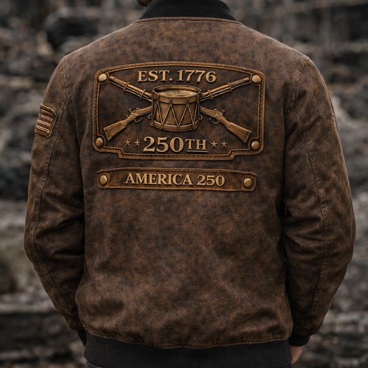 America 250 EST 1776 250th Anniversary Drum Printed Bomber Jacket, Patriotic USA 250 Independence Jacket Print, Veteran Dad Gift, Father’s Day Gift