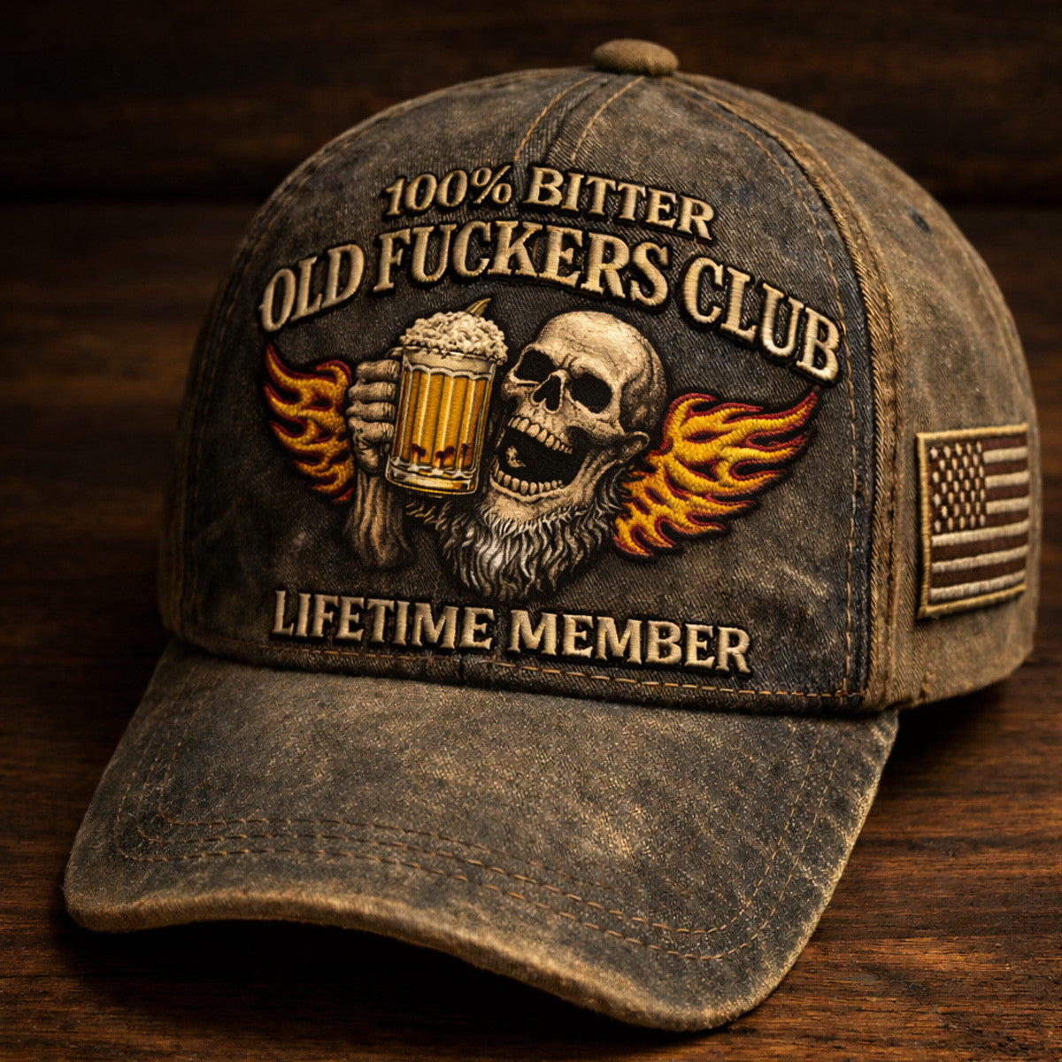 Bitter Old Fuckers Club Printed Vintage Cap, Funny Old Man Beer Skull Hat Print, Biker Grandpa Trucker Hat, Father’s Day Gift
