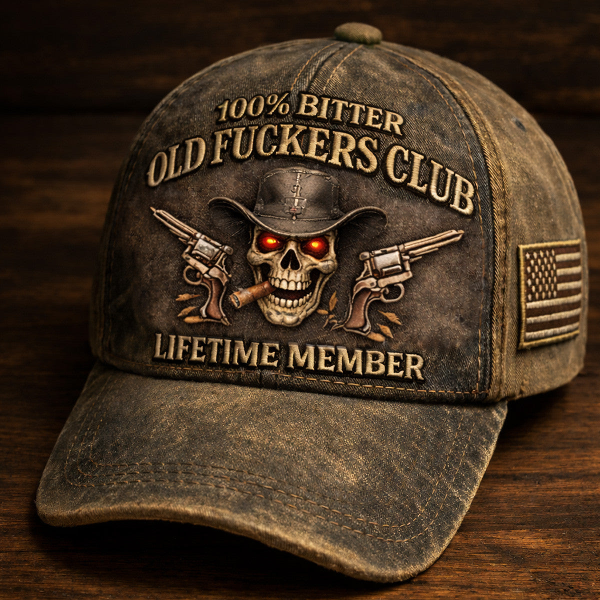 Bitter Old Fuckers Club Printed Vintage Cap, Cowboy Skull Biker Hat Print, Funny Old Man Trucker Cap, Father’s Day Gift for Dad
