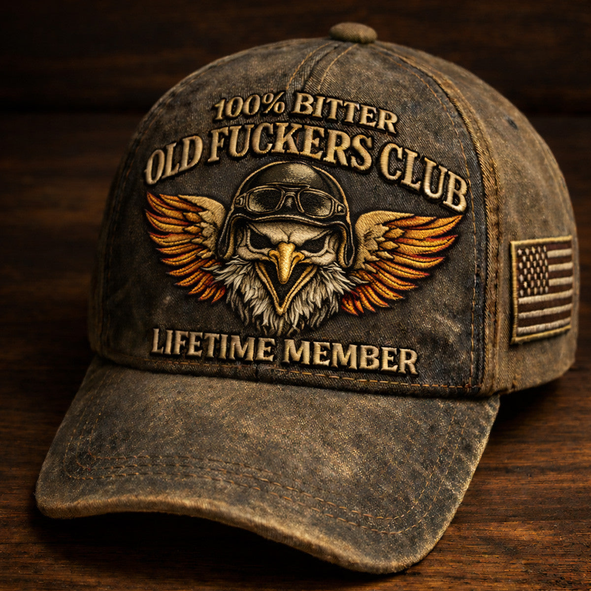 Bitter Old Fuckers Club Printed Vintage Cap, Eagle Skull Biker Hat Print, Funny Grandpa Trucker Hat, Patriotic Biker Cap Gift