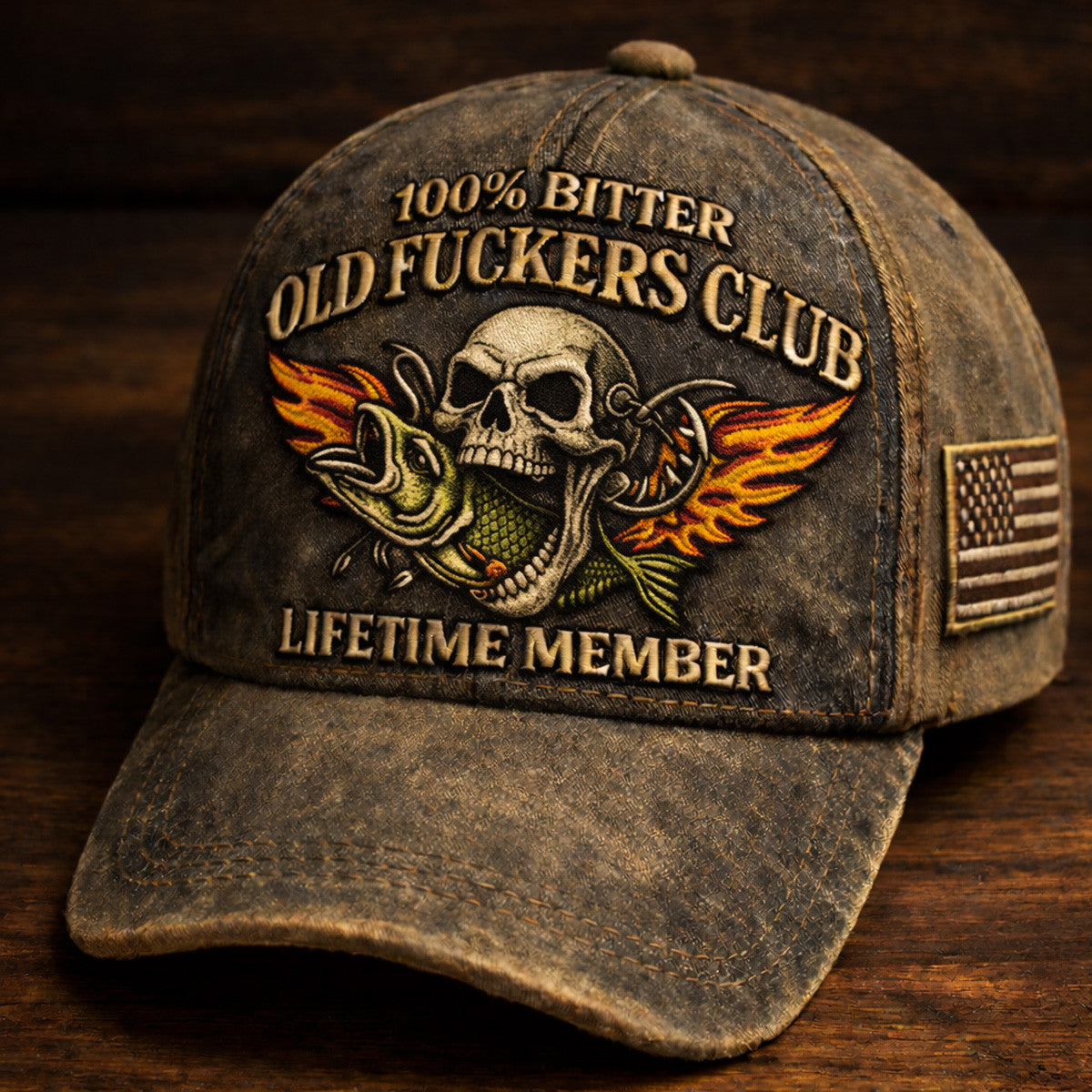 Bitter Old Fuckers Club Printed Vintage Cap, Funny Fishing Skull Hat Print, Fisherman Grandpa Trucker Cap, Father’s Day Gift