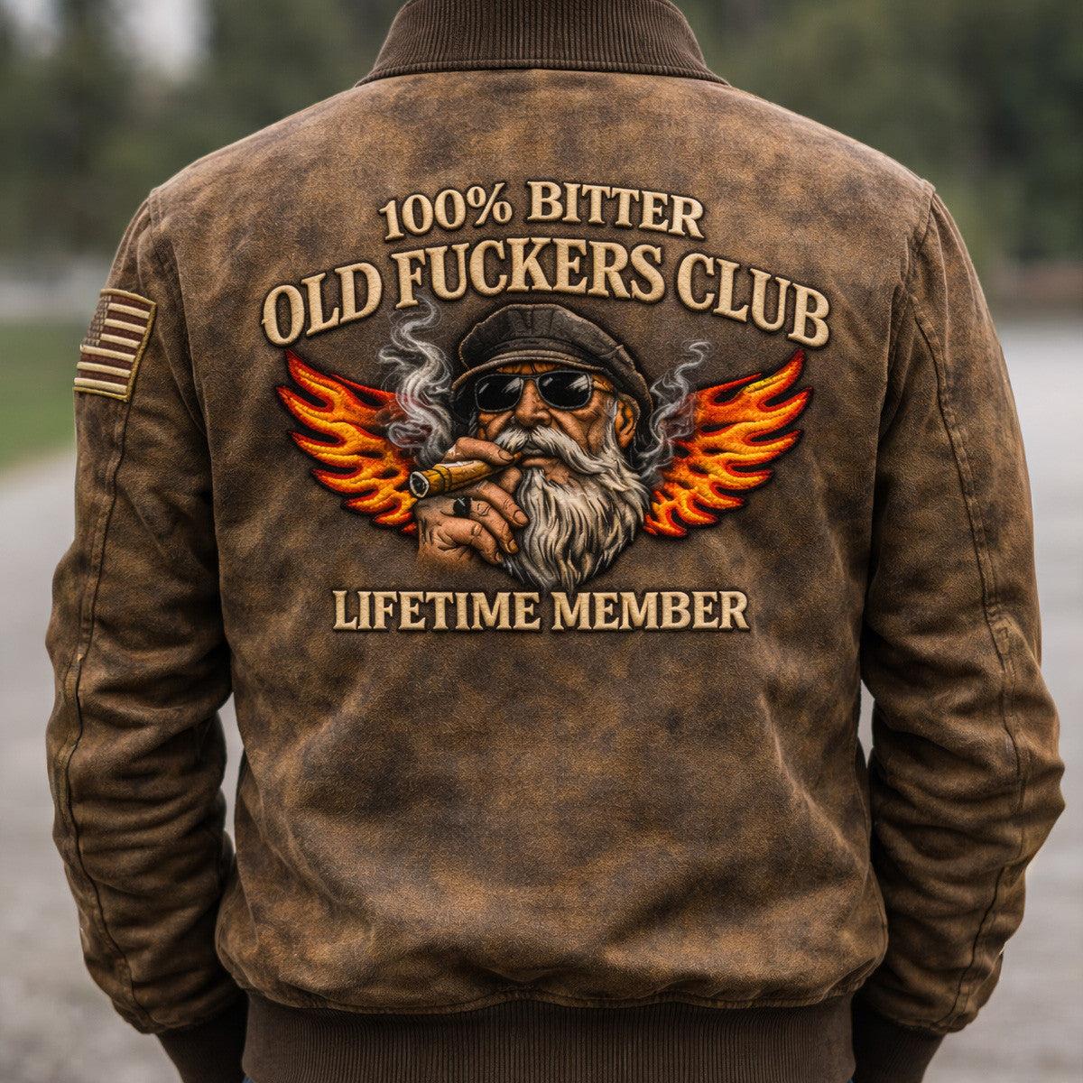 Bitter Old Fuckers Club Printed Bomber Jacket, Funny Biker Grandpa Jacket Print, Vintage Old Man Biker Jacket, Father’s Day Gift