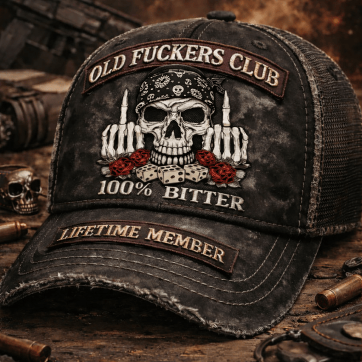 Old Fuckers Club 100% Bitter Printed Cap, Funny Skull Biker Hat Print, Vintage Trucker Cap for Men, Father’s Day Gift for Dad