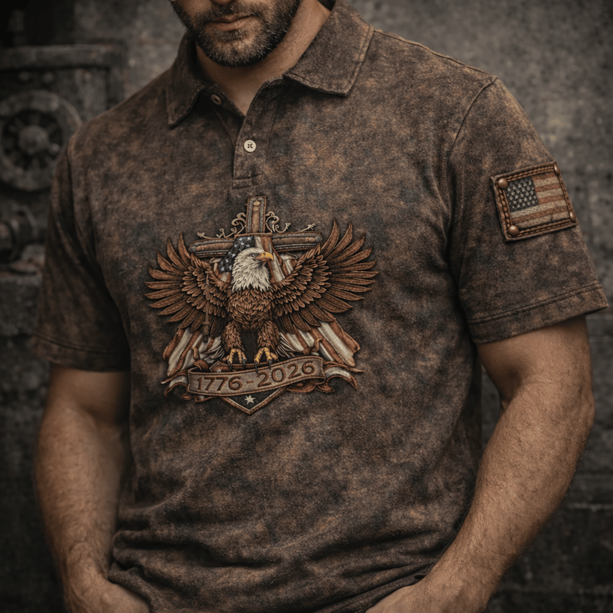 1776-2026 American Eagle Printed Polo Shirt, Patriotic USA Flag Polo Print, American Pride Vintage Polo for Men, Father’s Day Gift